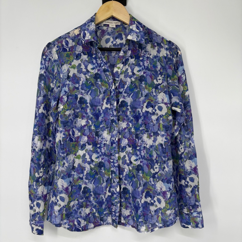 Coldwater Creek Blue Floral Watercolor Silk Cotton Pintuck Blouse Womens XS 4-6